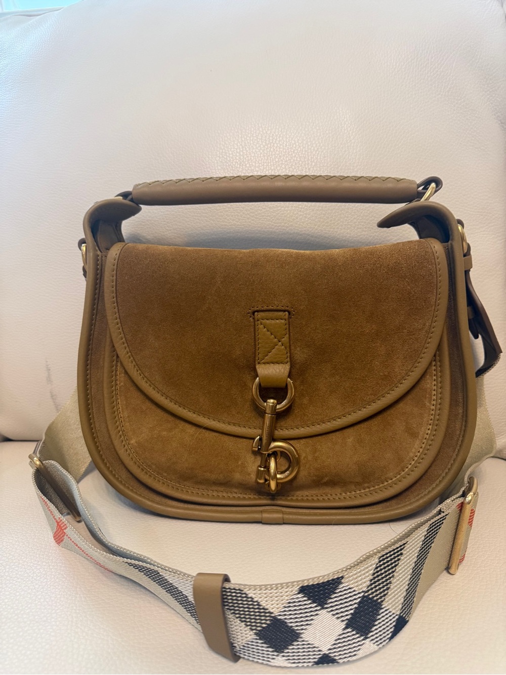 Burberry Suede Saddle Crossbody in Brown with Check Strap - Picture 3 of 8